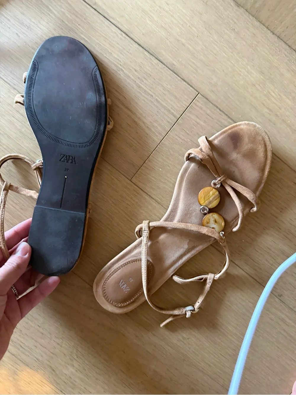 Zara Tan Suede Beaded Strappy Sandals - Picture 2 of 4